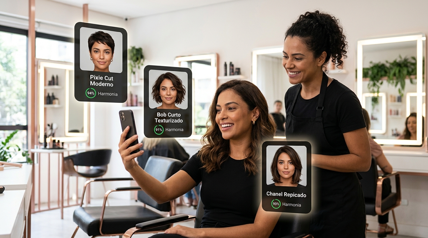 mulher usando análise facial com ia para descobrir qual corte curto combina com ela 