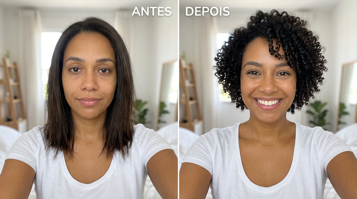 comparação de antes e depois com cabelo longo liso e curto cacheado. Textos: "ANTES" e "DEPOIS".