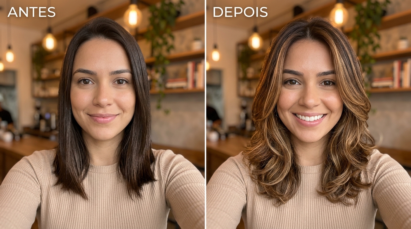 comparação de antes e depois com cabelo longo escuro e médio ondulado com mechas loiras.
