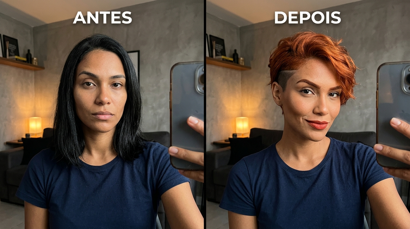 comparação de antes e depois com cabelo longo preto e curto ruivo. Textos: "ANTES" e "DEPOIS".