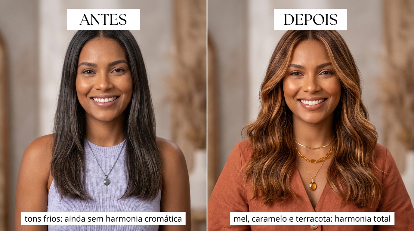 Comparação de colorimetria mostrando a cor do cabelo que combina com o subtom de pele