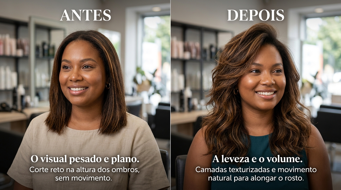 Antes e depois de corte aplicando princípios de visagismo em mulher com rosto redondo