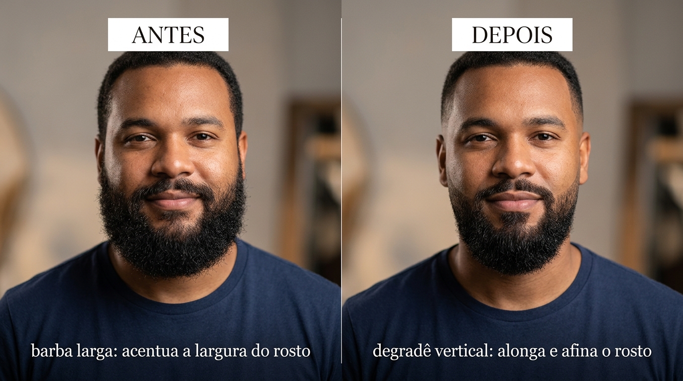 Comparação de visagismo de barba mostrando a aplicação da técnica em rosto redondo