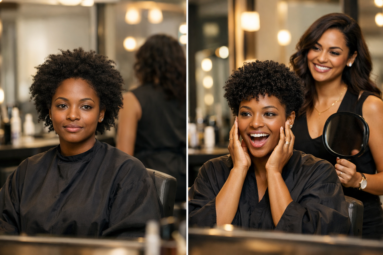 Cabeleireira mostrando o resultado do visagismo em uma cliente