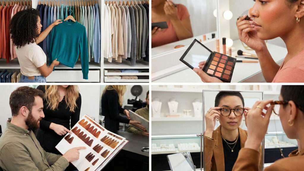 Pessoas aplicando sua paleta de cores da colorimetria de diferentes formas