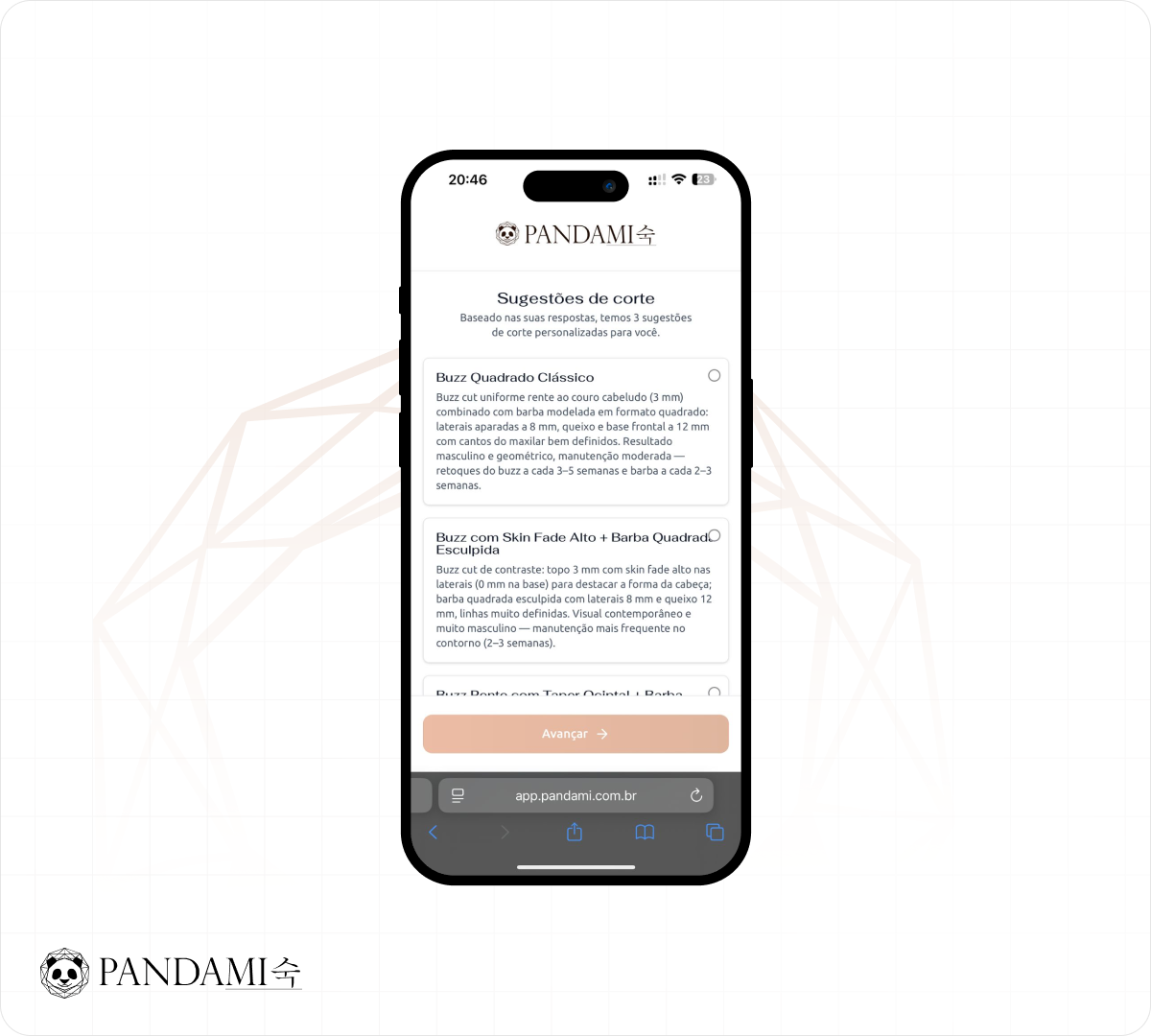 Interface de tipos de corte do simulador de cortes com IA da Pandami
