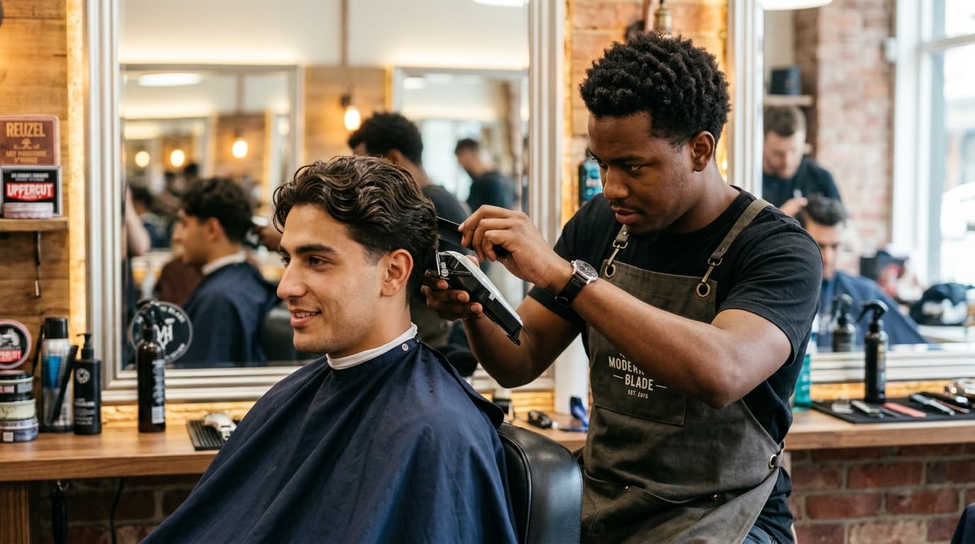 Barbeiro concentrado finalizando corte de cabelo americano com máquina em cliente jovem sentado em barbearia moderna.