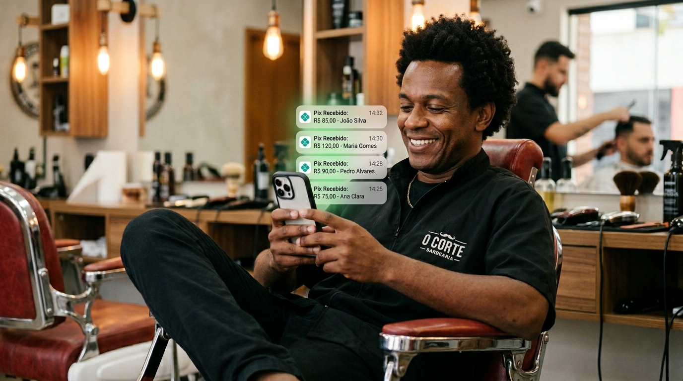 Homem sorrindo ao celular com notificações de Pix. Texto: Essa IA faz seu ticket médio aumentar em até 40%.