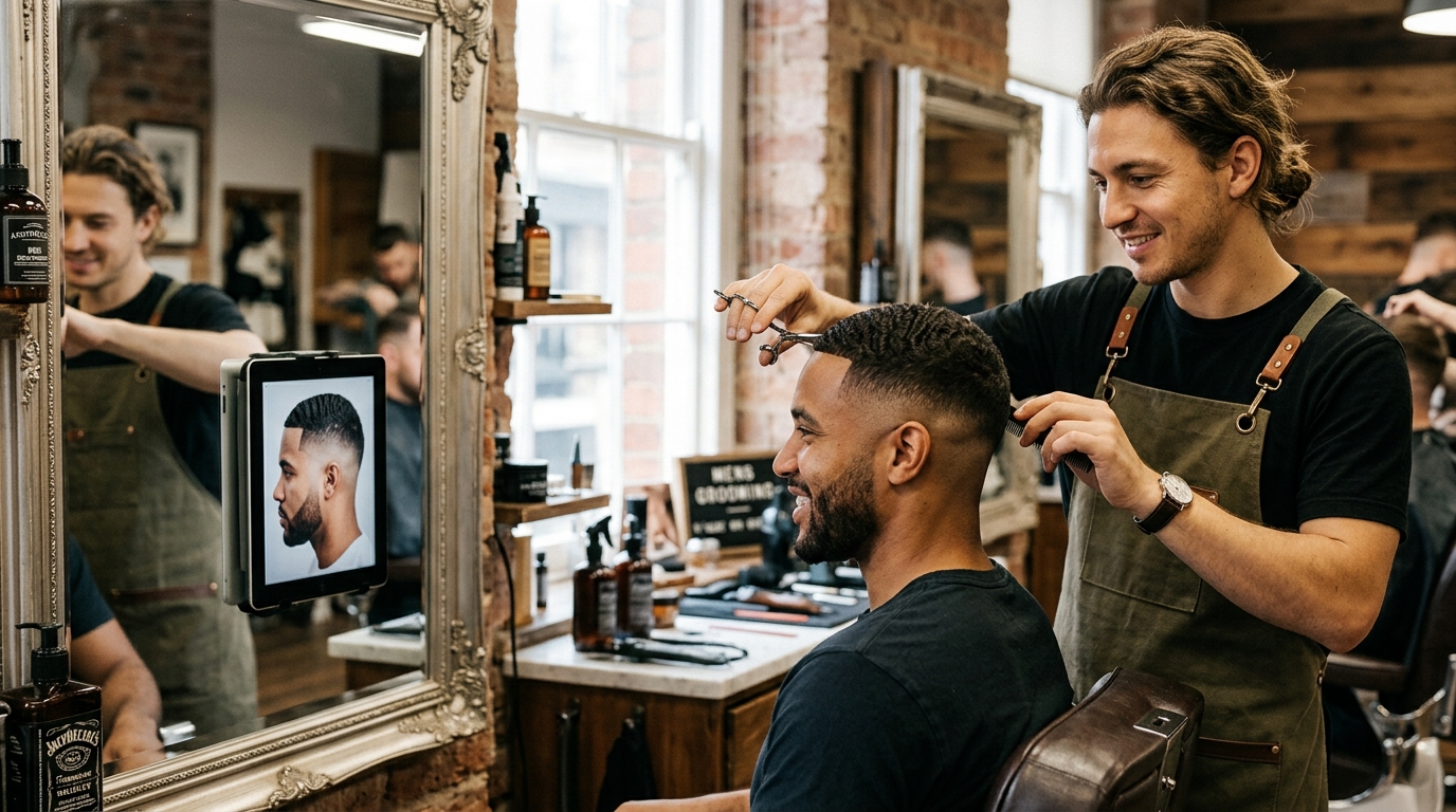 Barbeiro finalizando corte enquanto cliente compara resultado com projeção digital no espelho