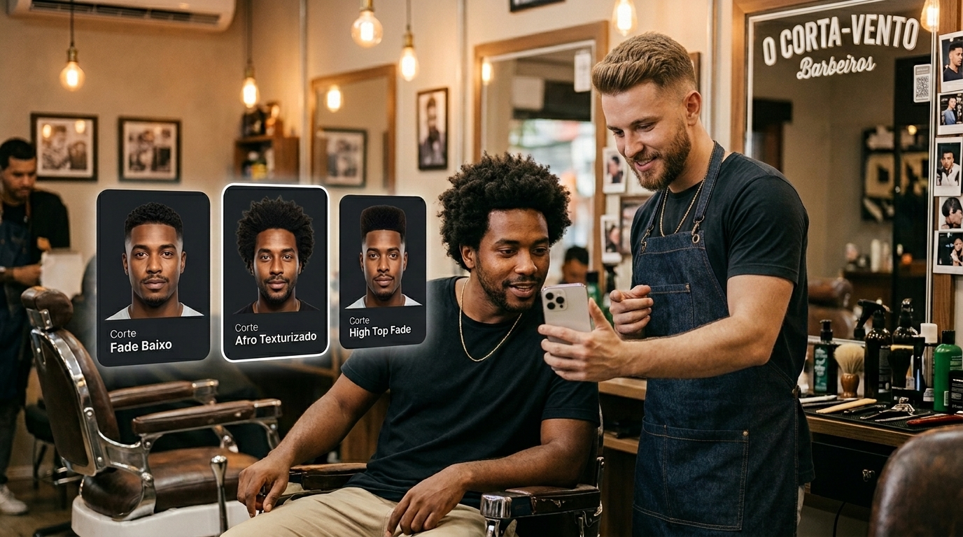 Barbeiro mostrando resultado dos cortes projetados pela IA de visagismo da PandaMi