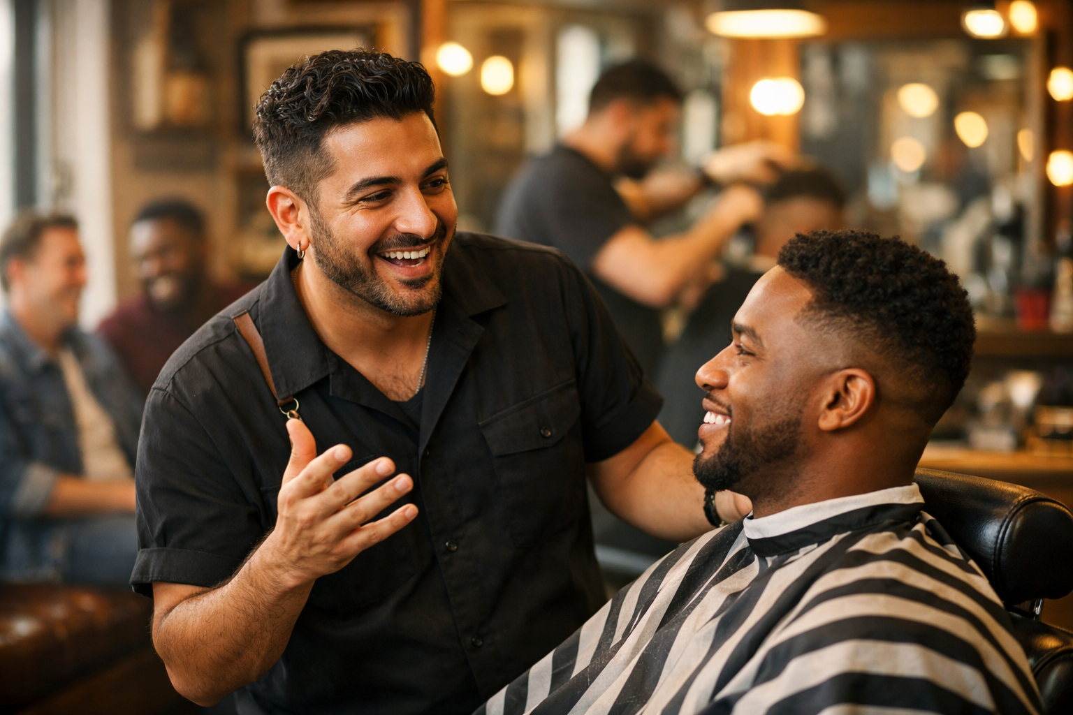 Barbeiro conversando animado com seu cliente fiel