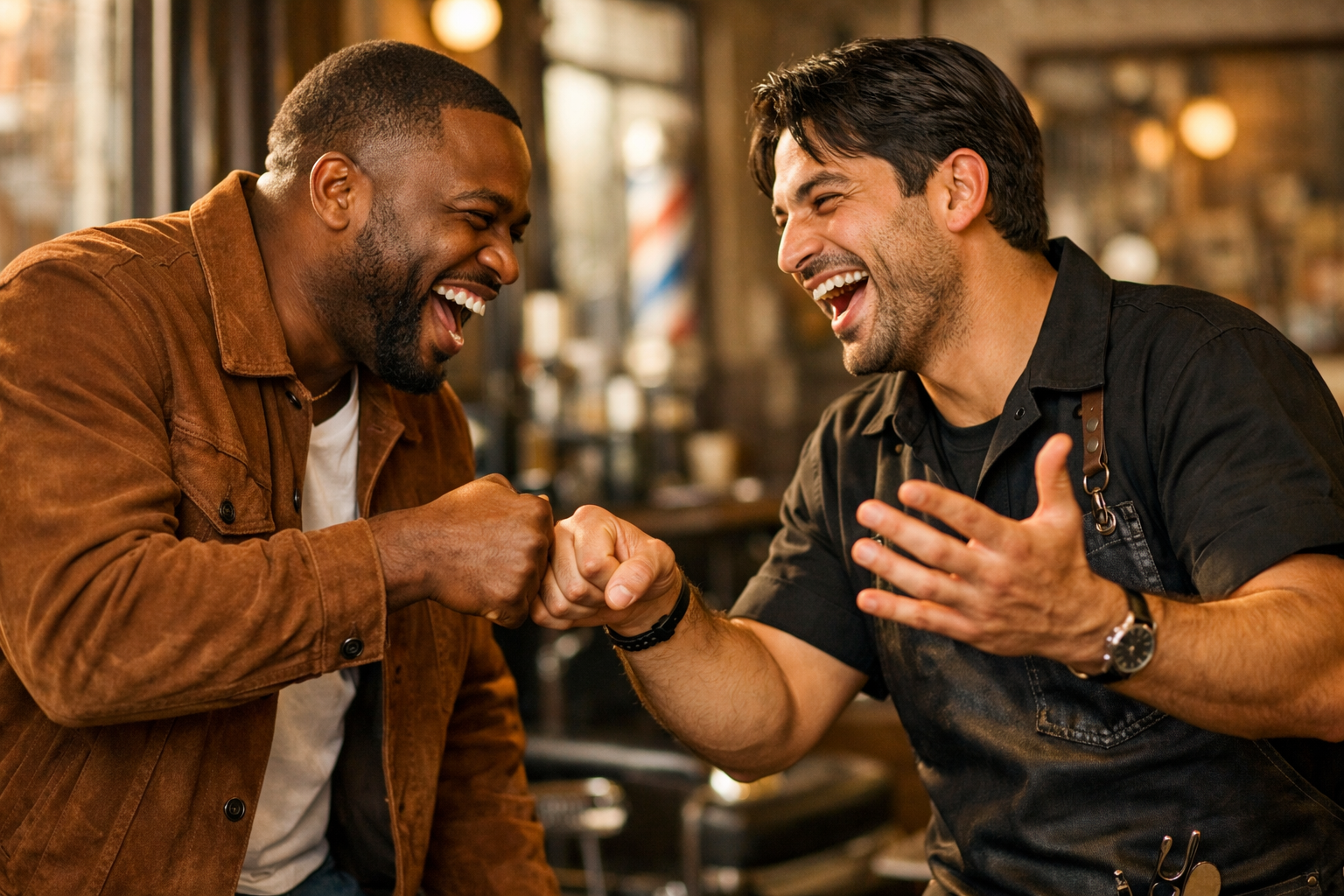 Barbeiro e cliente se cumprimentando, mostrando assim uma relação de amizade