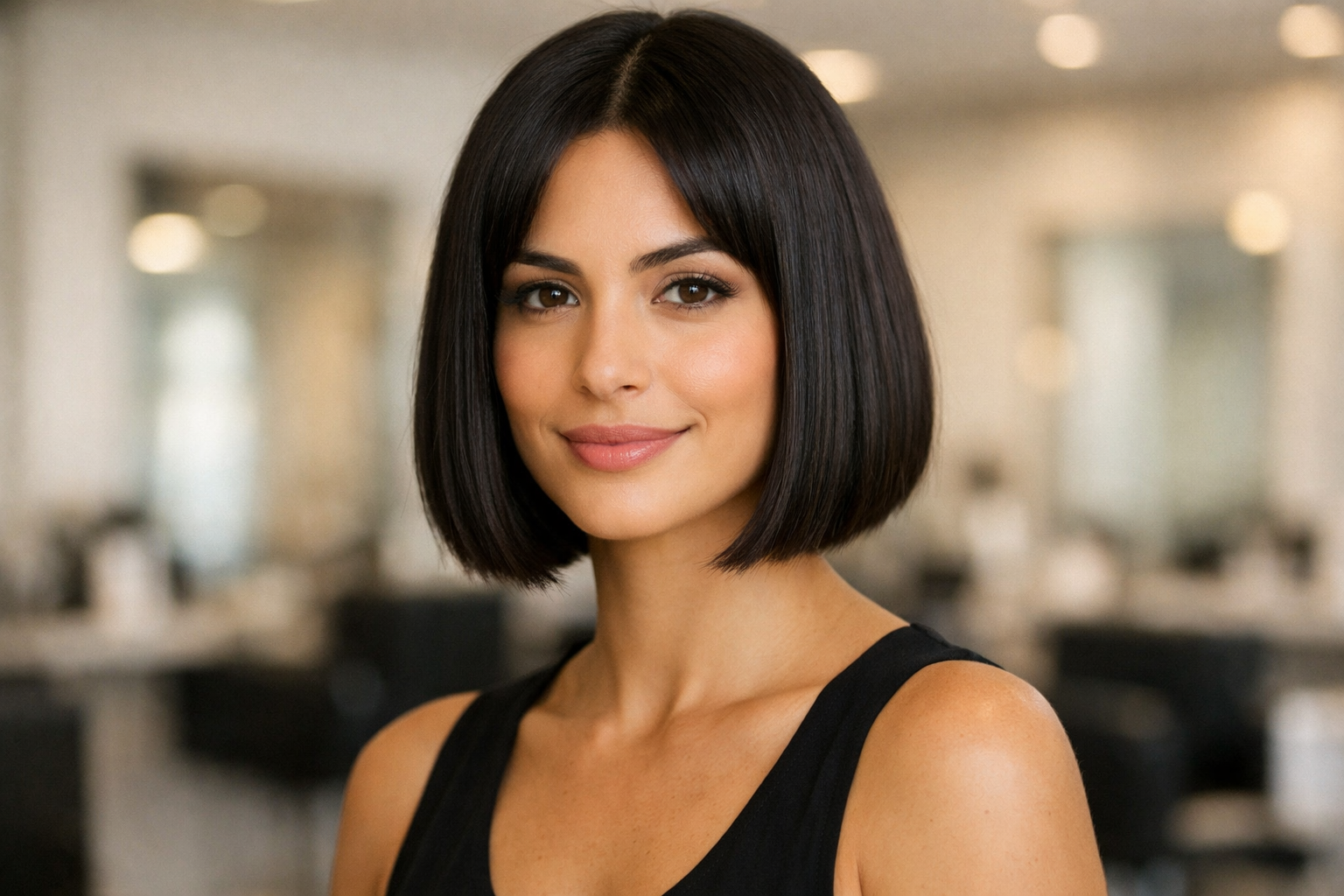 Bob reto na altura do queixo em mulher brasileira com cabelo liso e rosto oval