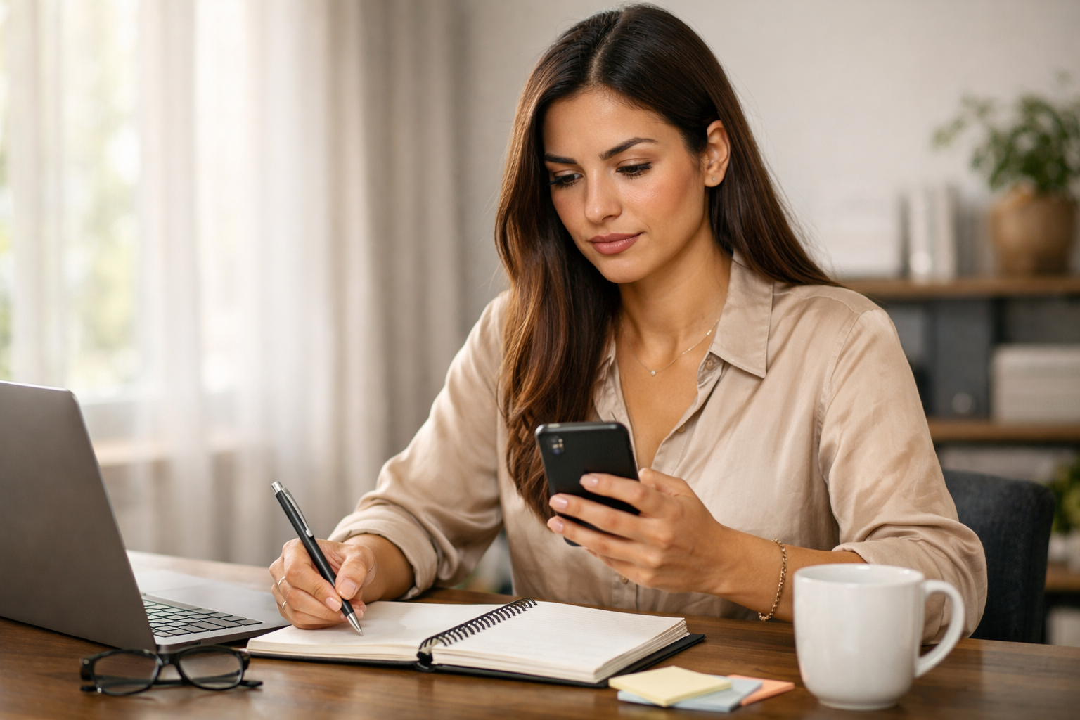 Profissional pesquisando nomes de salão no celular com lista de opções anotadas