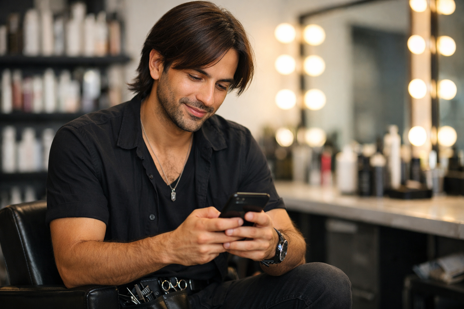 Cabeleireiro enviando mensagem personalizada de follow-up para cliente pelo celular