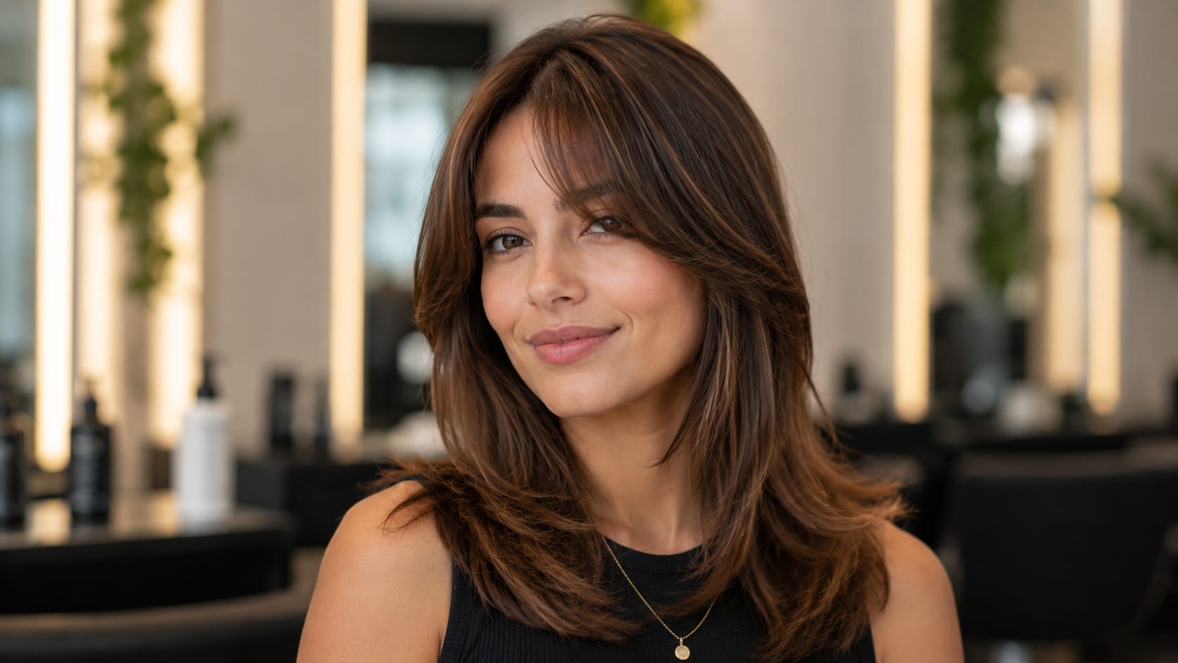 Mulher com cabelo castanho médio e estilo de franja cortina, com franja para cabelo fino.