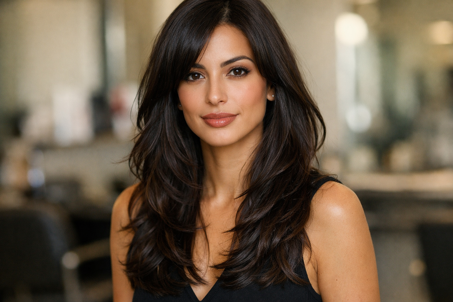 Cabelo longo com camadas longas em mulher brasileira com rosto oval