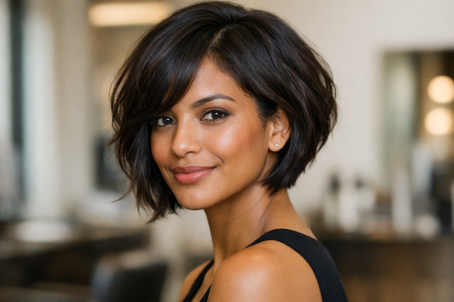 Chanel curto graduado em mulher brasileira com rosto oval e cabelo ondulado