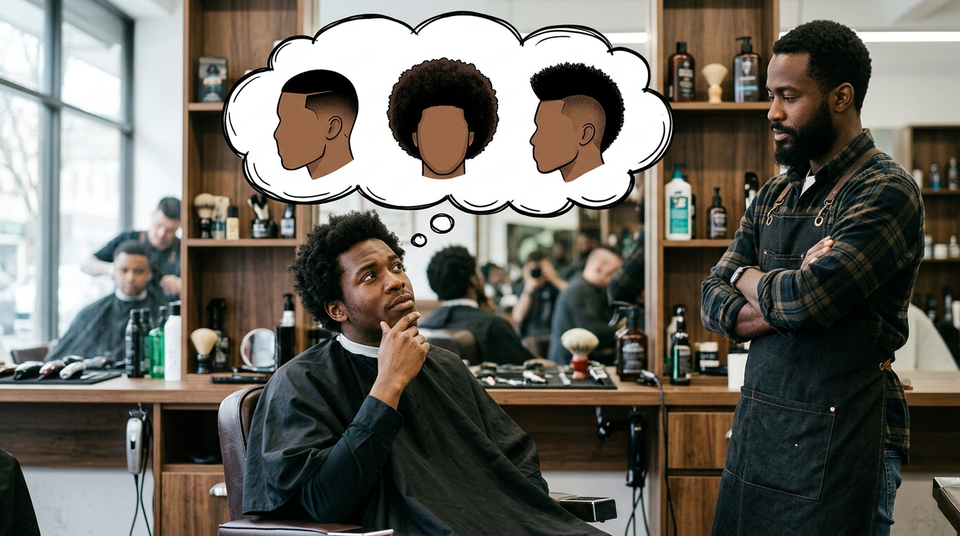 Cliente indeciso pensando em referências de cortes durante consulta em barbearia