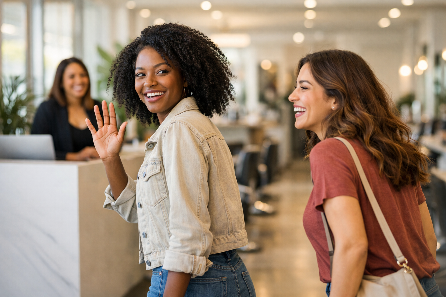 Uma cliente fiel de um salão levando uma amiga para cortar o cabel