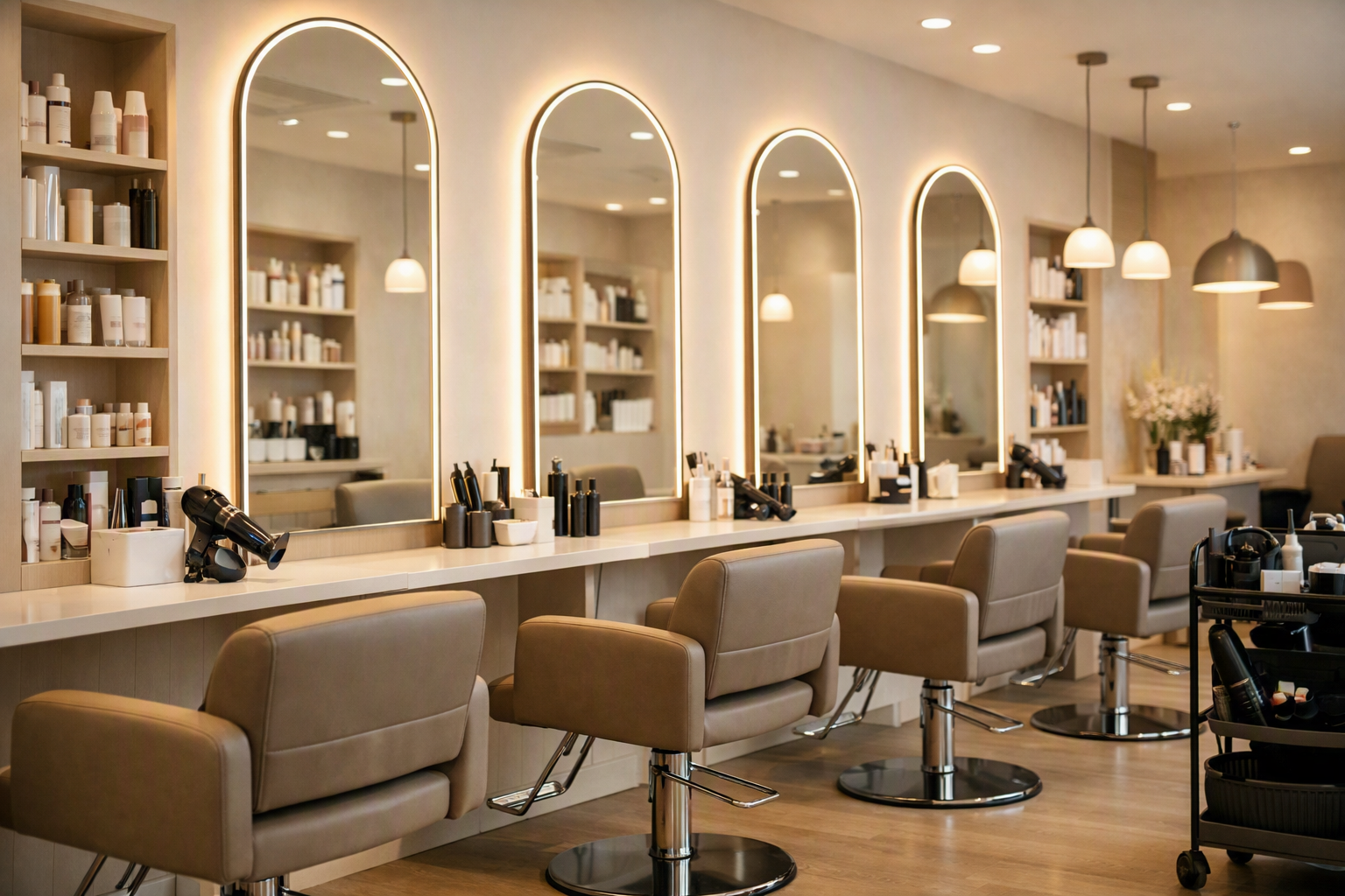 Interior de salão de beleza moderno com diferentes estações de trabalho e layout profissional