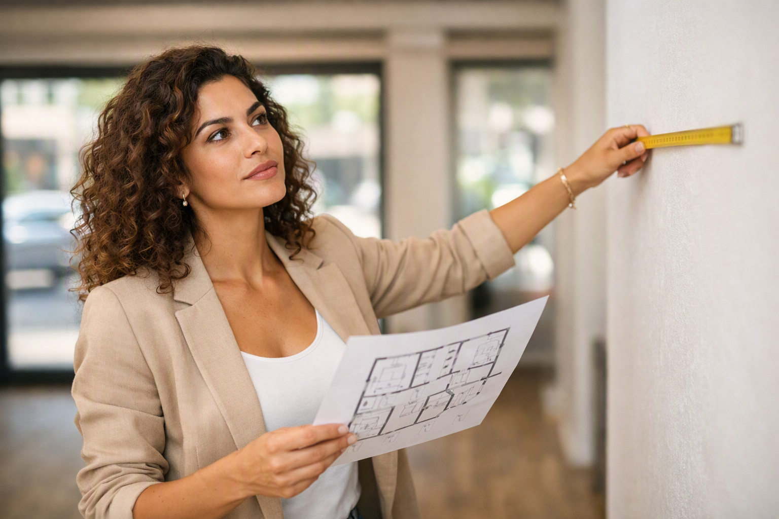 Profissional de beleza analisando localização e fluxo de clientes em ponto comercial