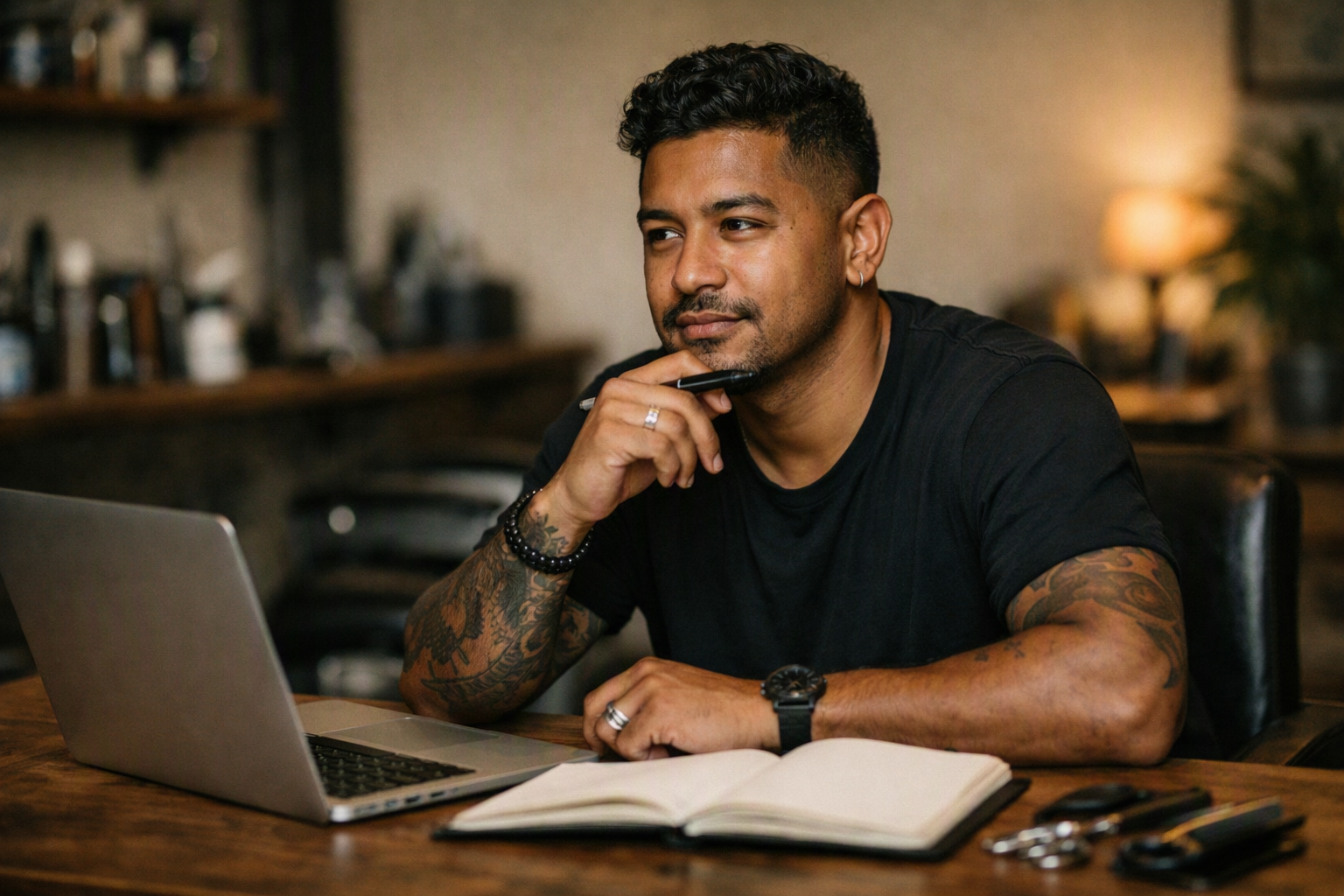 Barbeiro planejando abertura de barbearia com notebook e caderno de anotações