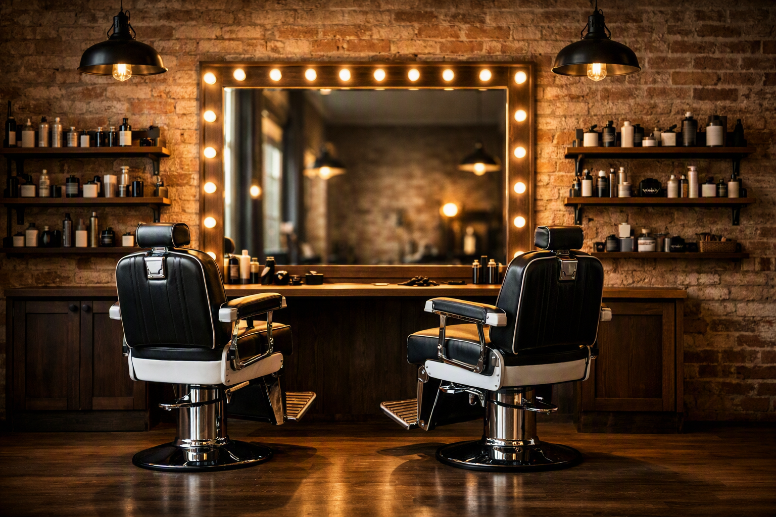 Barbearia moderna com cadeiras clássicas, espelho iluminado e decoração industrial