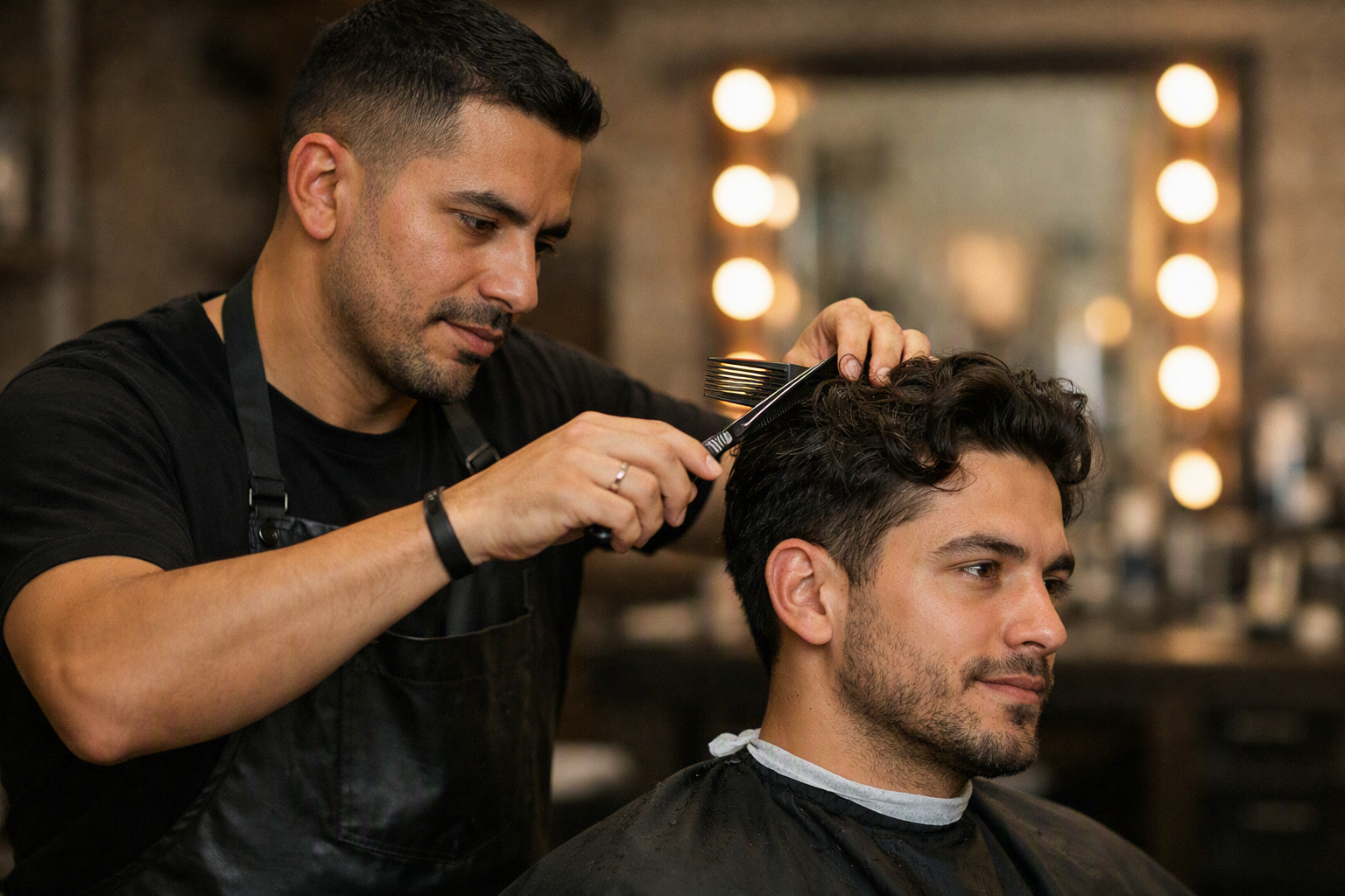 Barbeiro atendendo cliente em barbearia com espelho iluminado ao fundo