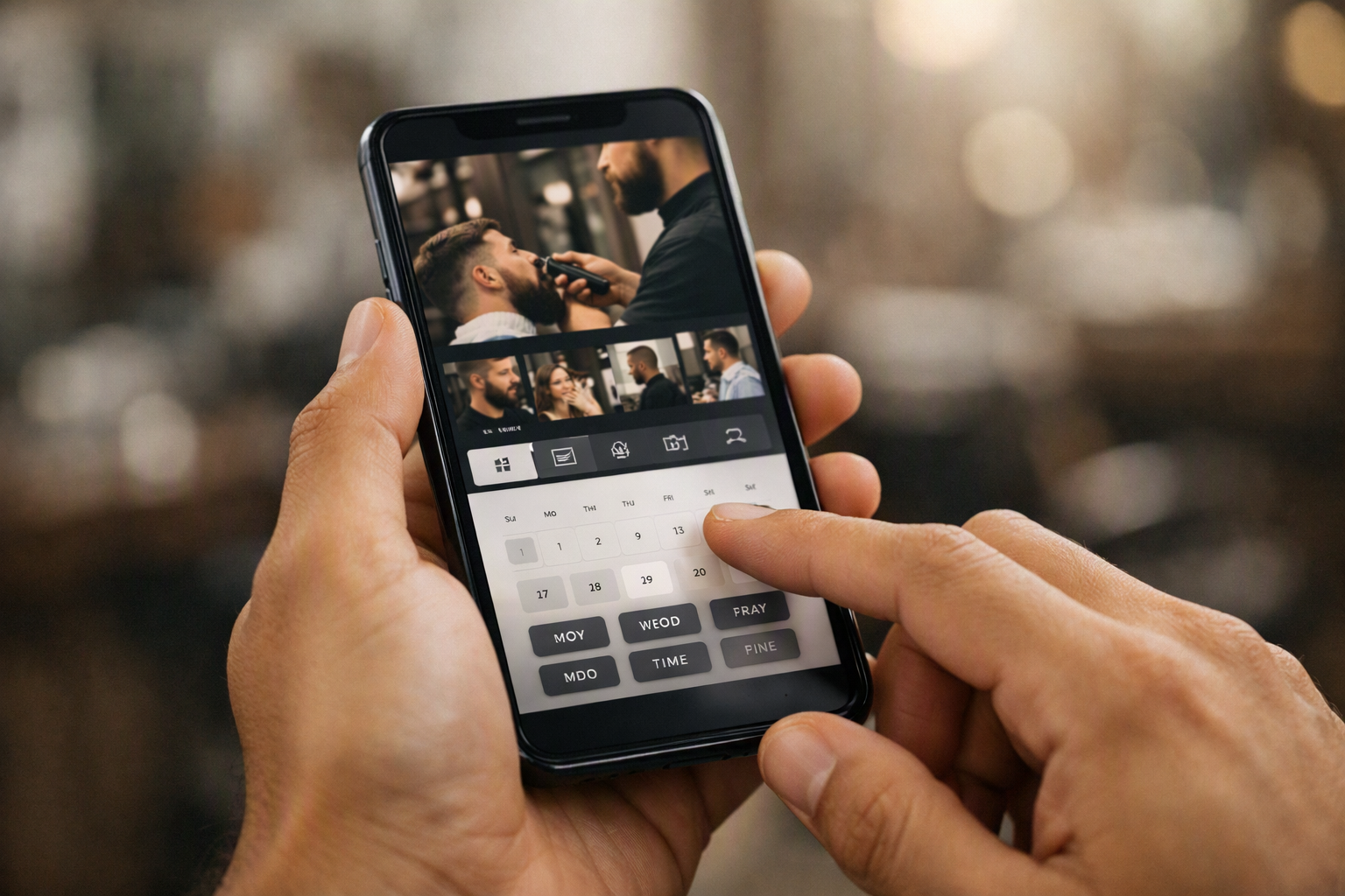 Tela de celular exibindo site de barbearia com agendamento online