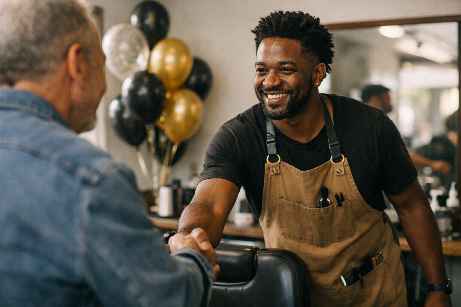 Primeiro cliente sendo atendido em inauguração de barbearia decorada com balões