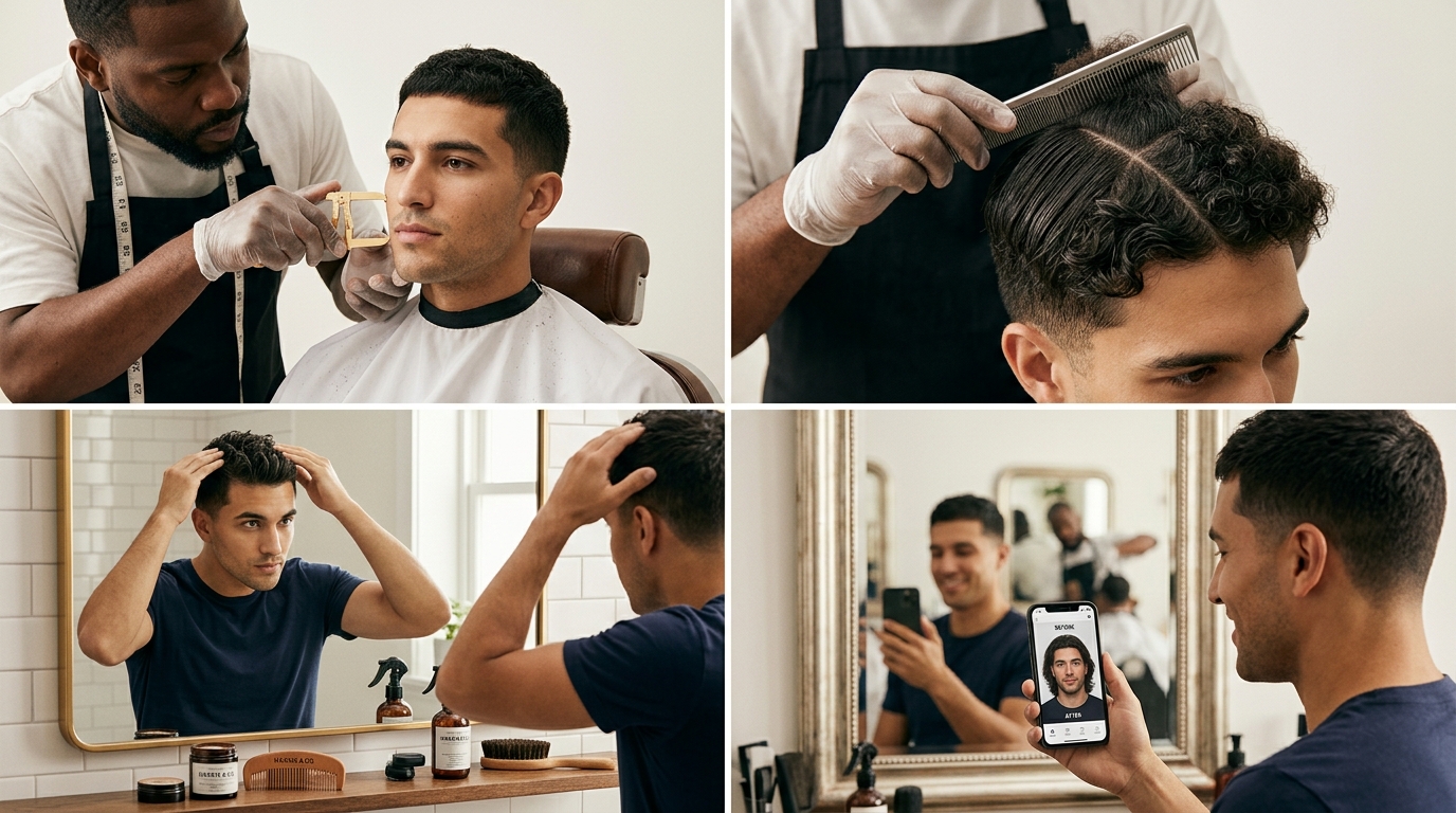 Quadro onde representa os passos de como escolher o corte masculino, do formato de rosto até visualizar o resultado antes de cortar