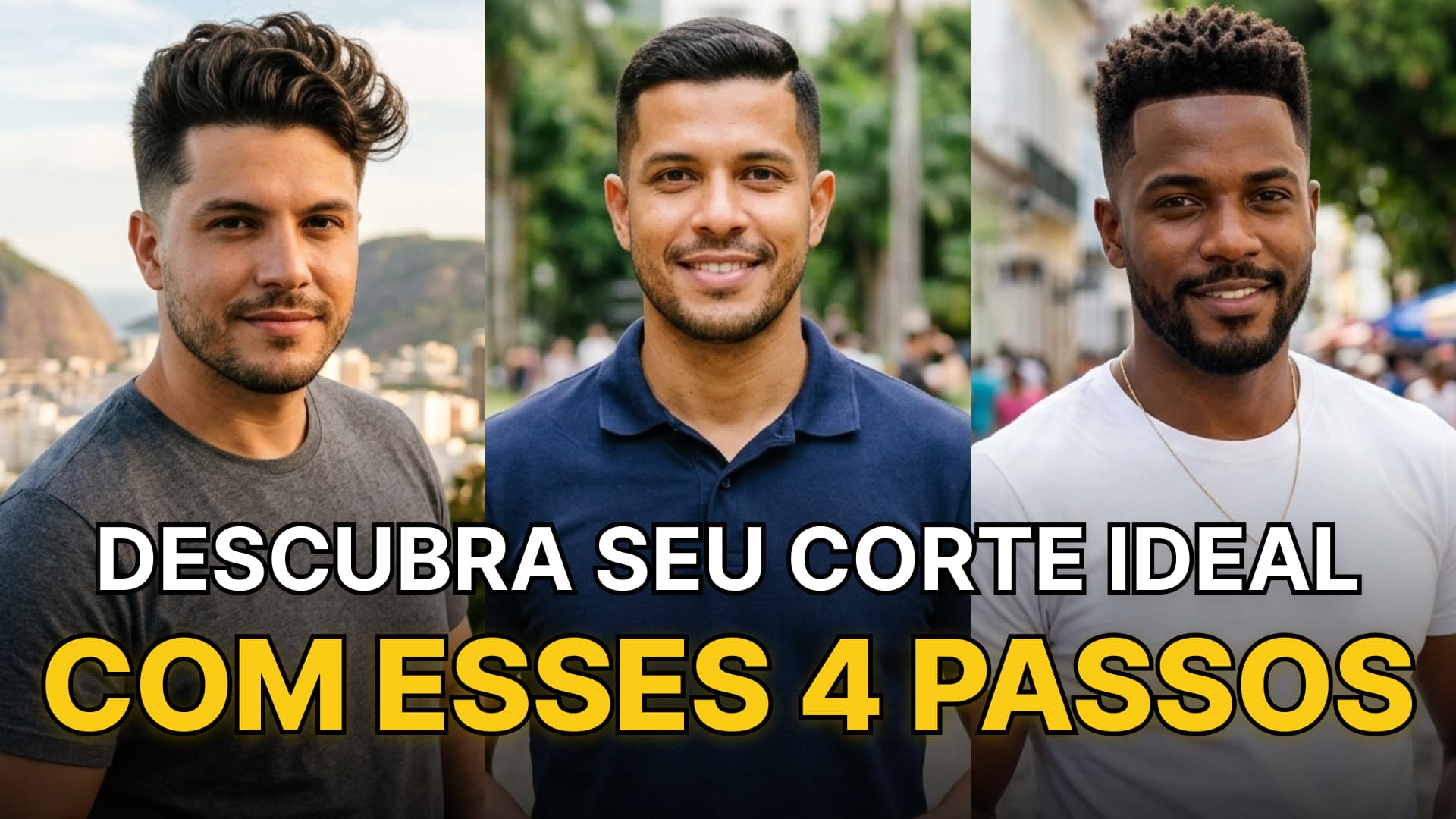 Três homens em diferentes ambientes com os seus cortes de cabelo ideais, texto sobreposto: Descubra seu corte ideal com esses 4 passos