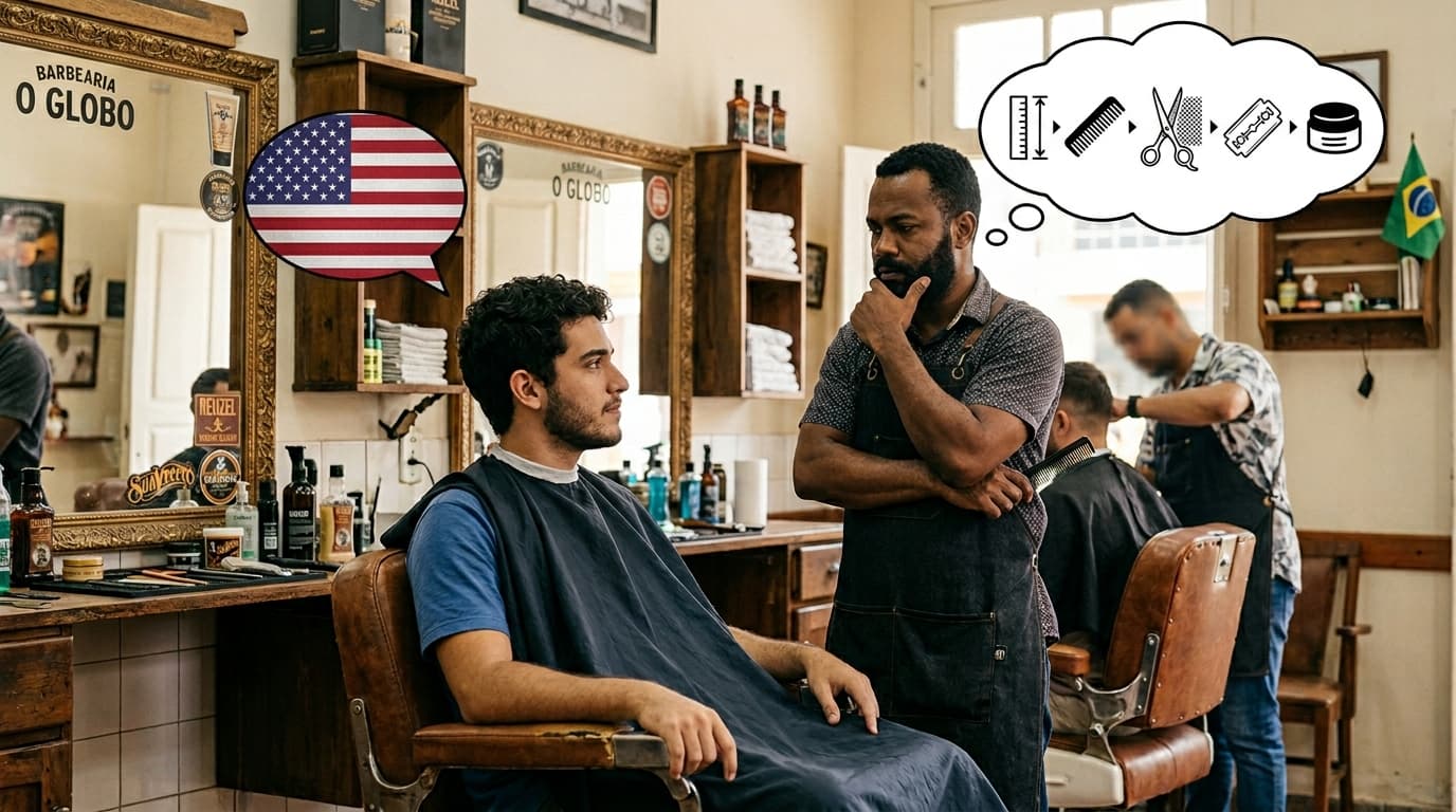 Cliente pedindo um corte de cabelo americano e Barbeiro pensativo com ícones de ferramentas de corte em balão de pensamento.
