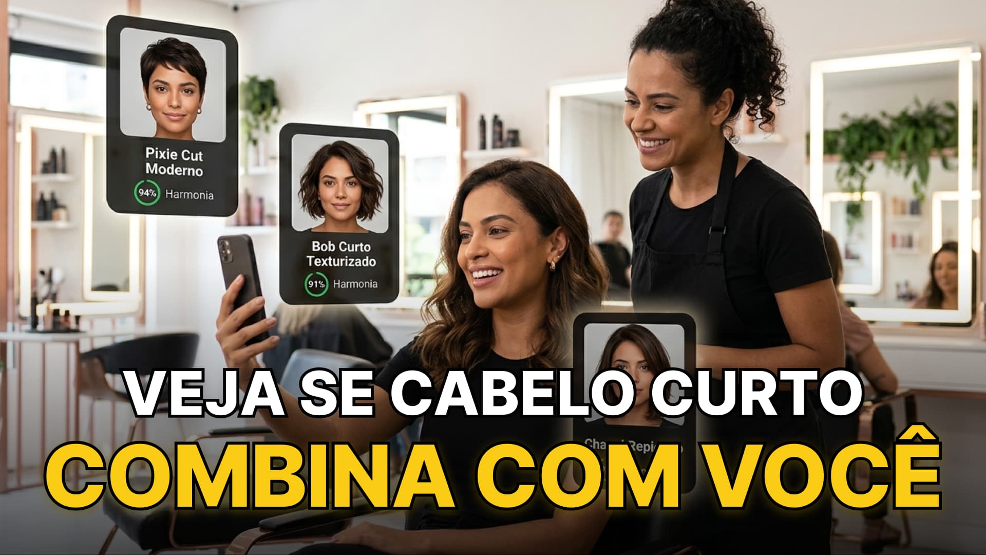 mulher usando análise facial com ia para descobrir qual corte curto combina com ela. Texto sobreposto "Veja se cabelo curto combina com você"
