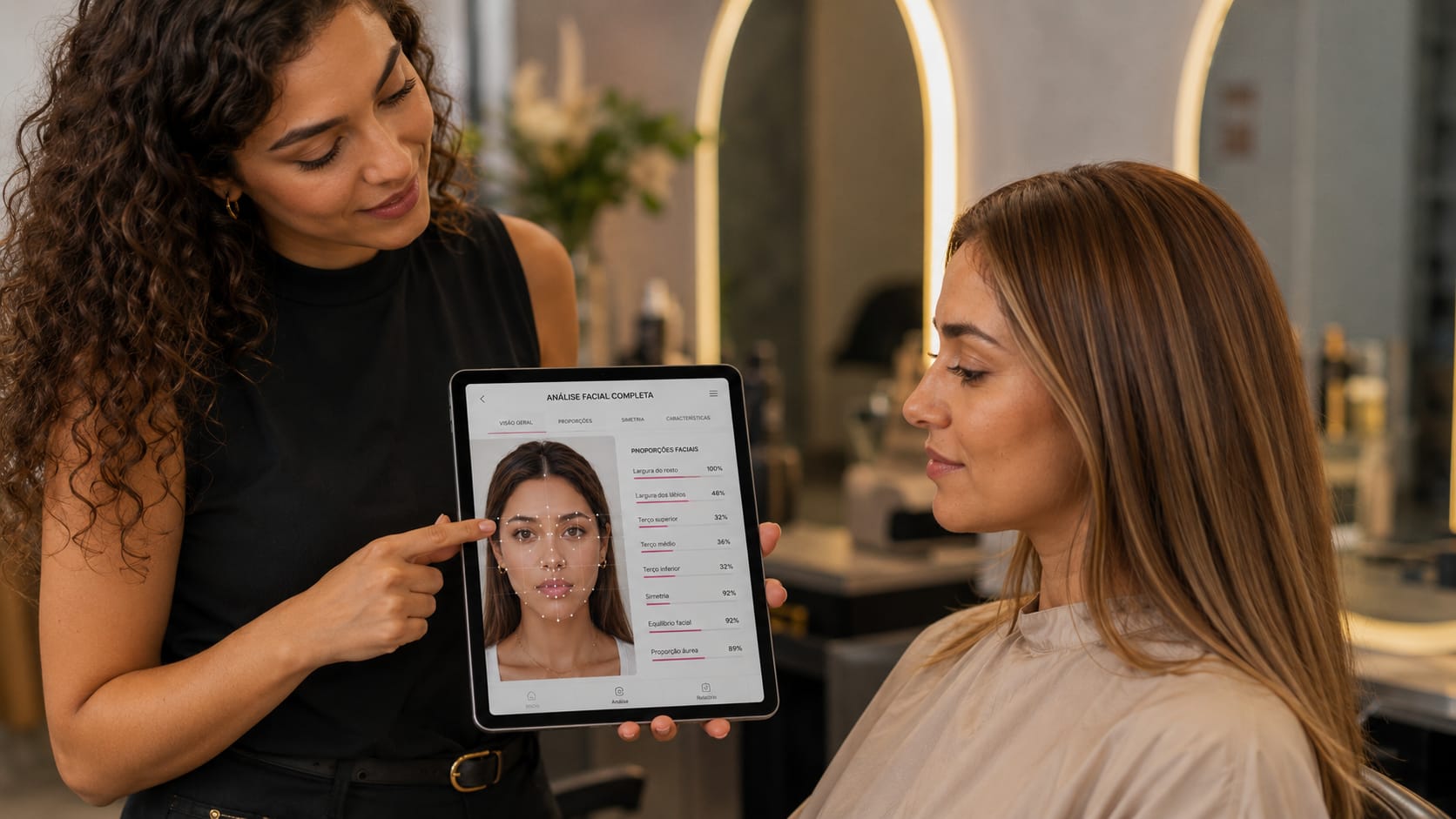 Profissional de beleza mostrando análise facial de IA em tablet para cliente no salão