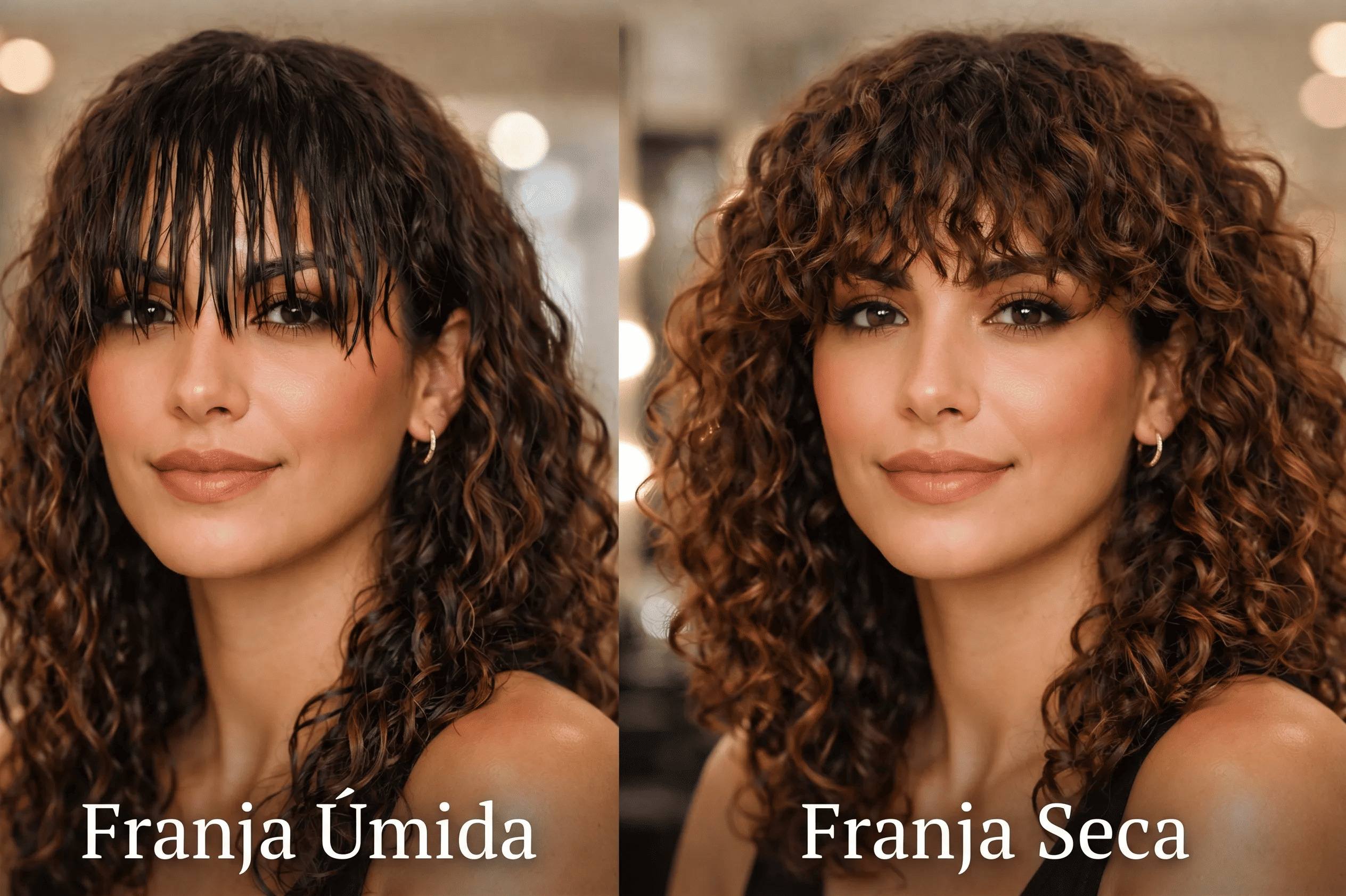 Comparação visual de franja cacheada molhada versus seca mostrando encolhimento de 50%