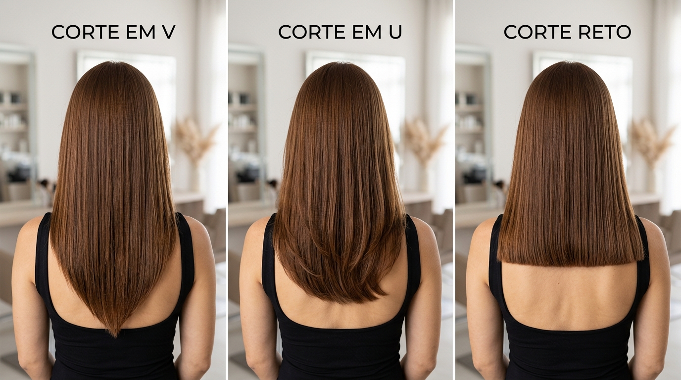 Comparação visual dos três formatos de corte em cabelos longos lisos em mulher com rosto oval