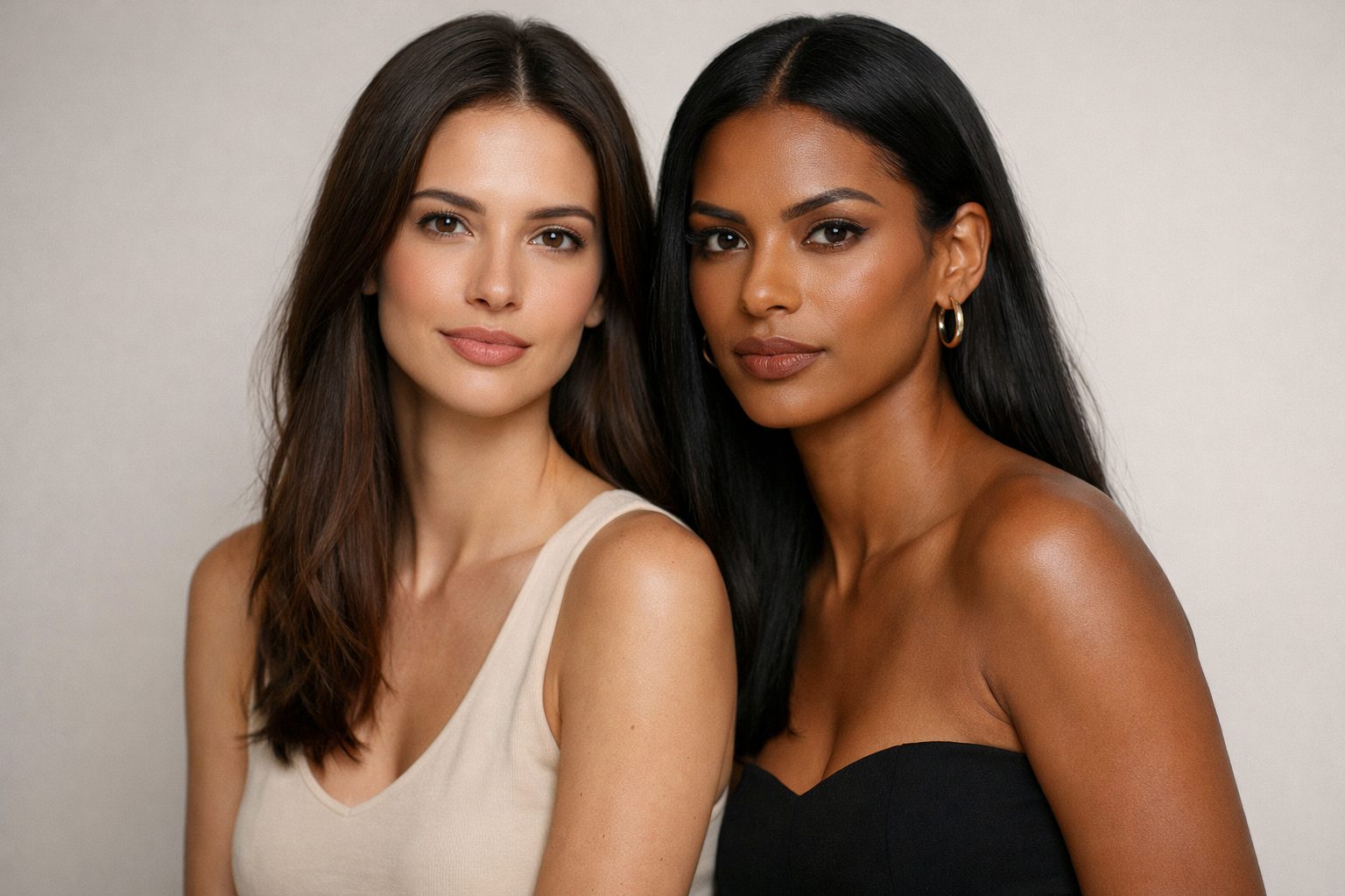 Comparação visual entre rosto oblongo e rosto retangular em mulheres brasileiras