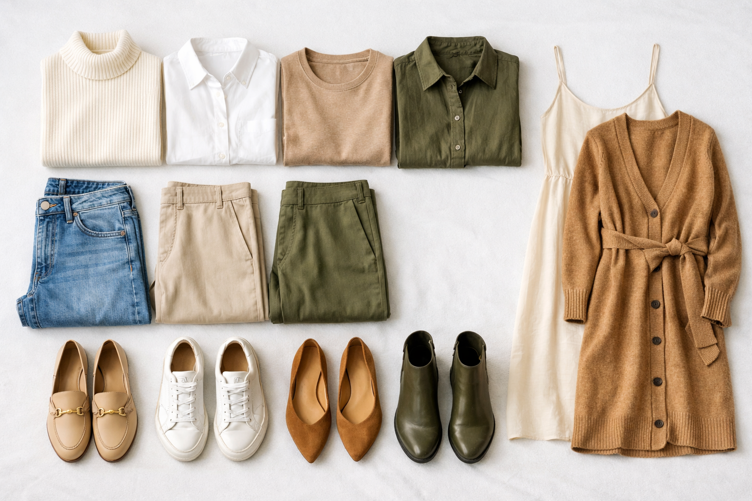 Conjunto de peças essenciais de guarda-roupa cápsula organizadas por categoria