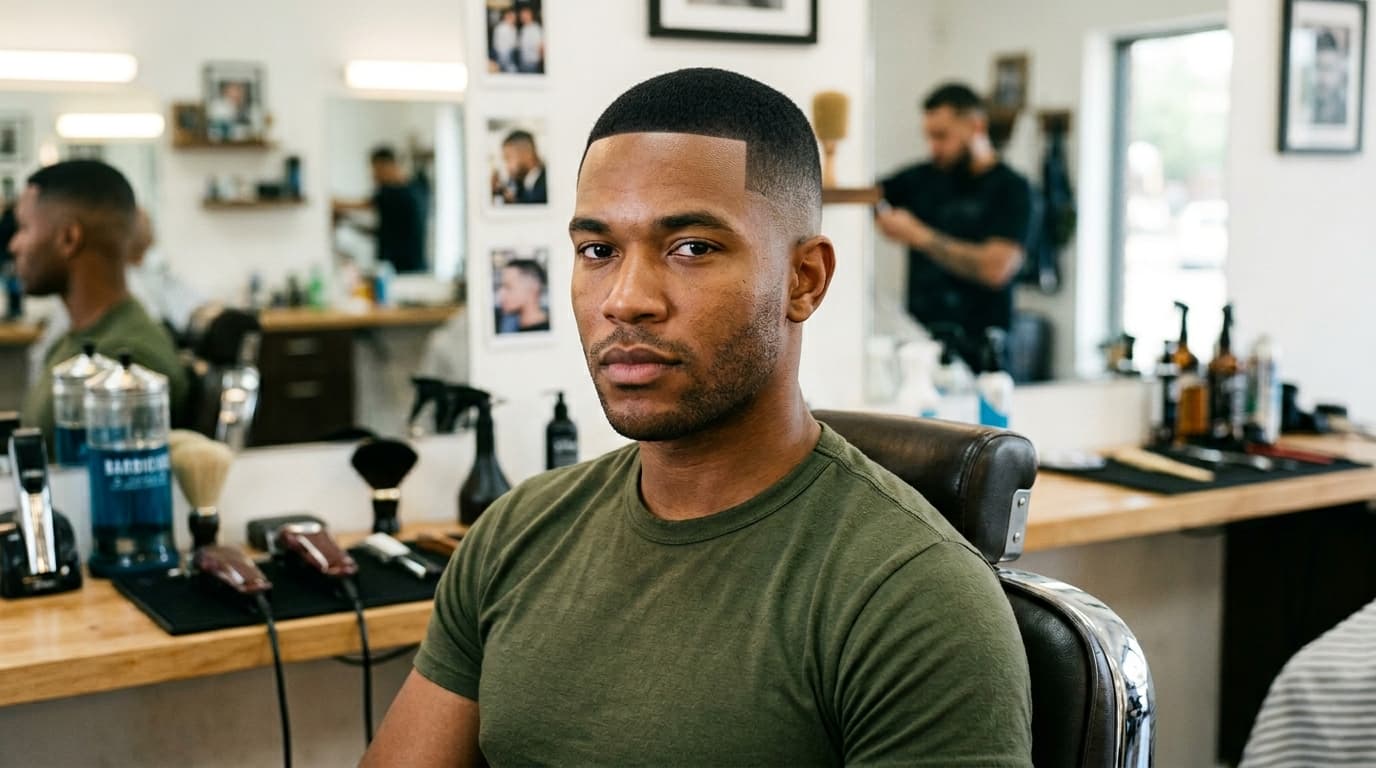 Crew cut militar em homem atlético com rosto retangular