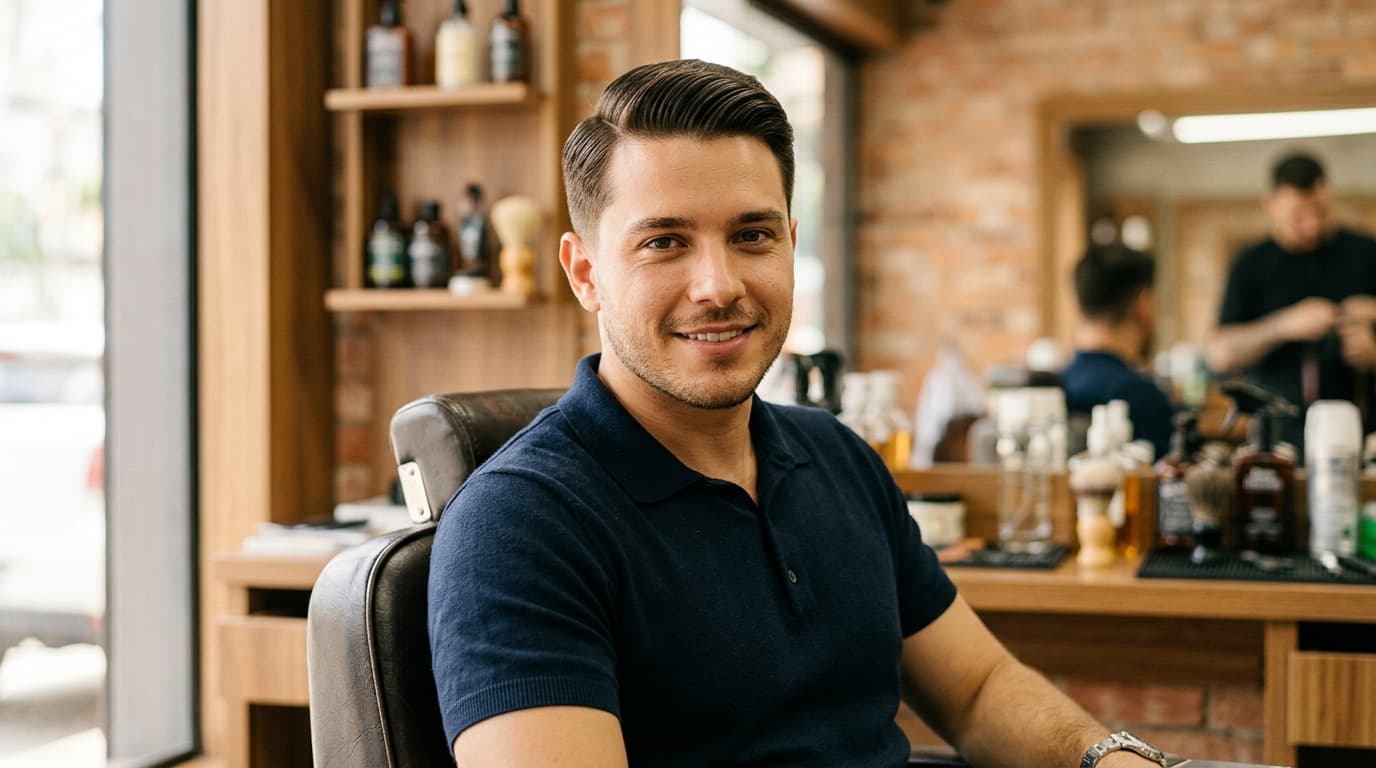 Corte Ivy League com acabamento polido em homem brasileiro