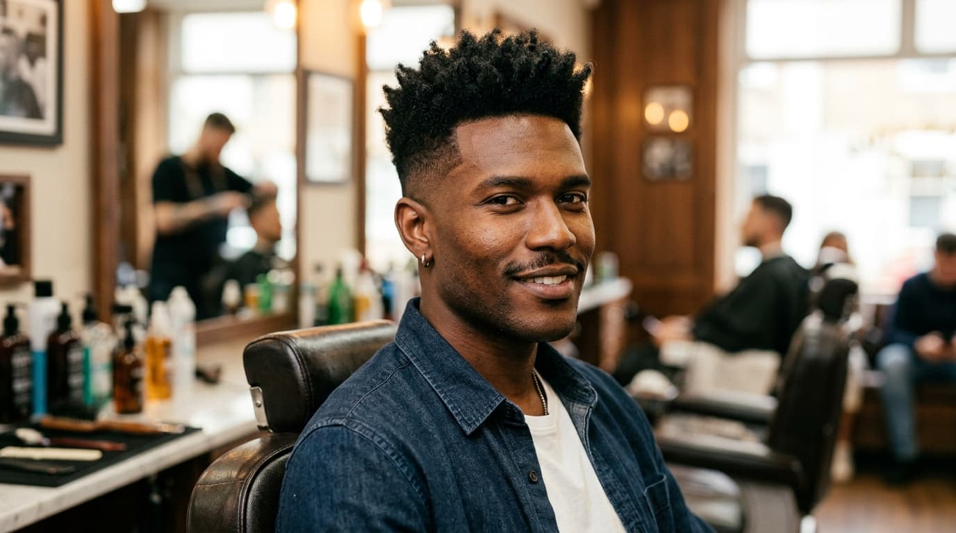 Corte americano moderno com topo texturizado em homem com rosto quadrado