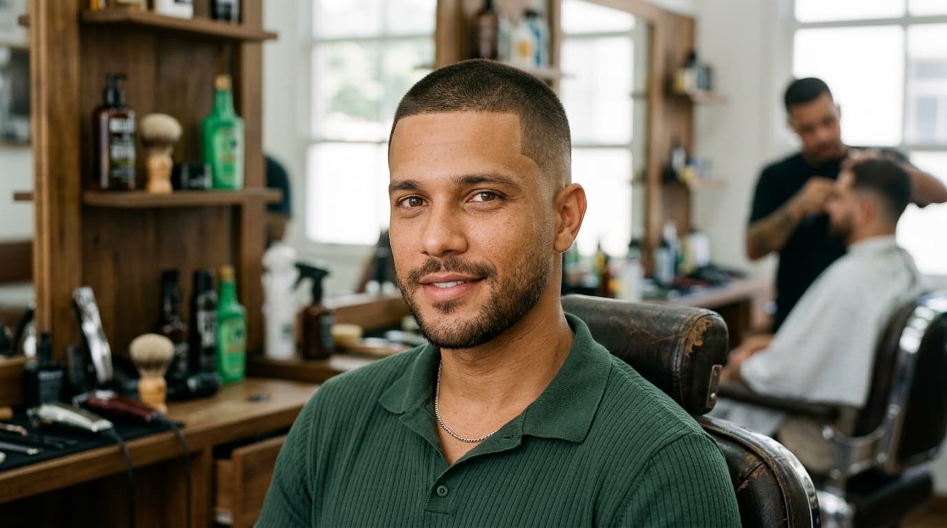 Homem sorrindo com corte de cabelo liso curto estilo buzz cut e degradê, sentado em uma barbearia clássica.