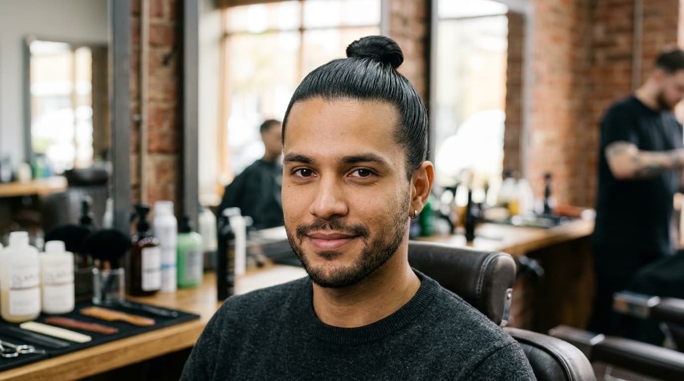 Homem de cabelo liso com coque alto e barba sorrindo em barbearia com bancada de produtos e espelhos ao fundo.