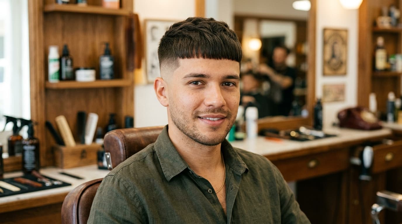 French crop com franja texturizada em cabelo liso castanho