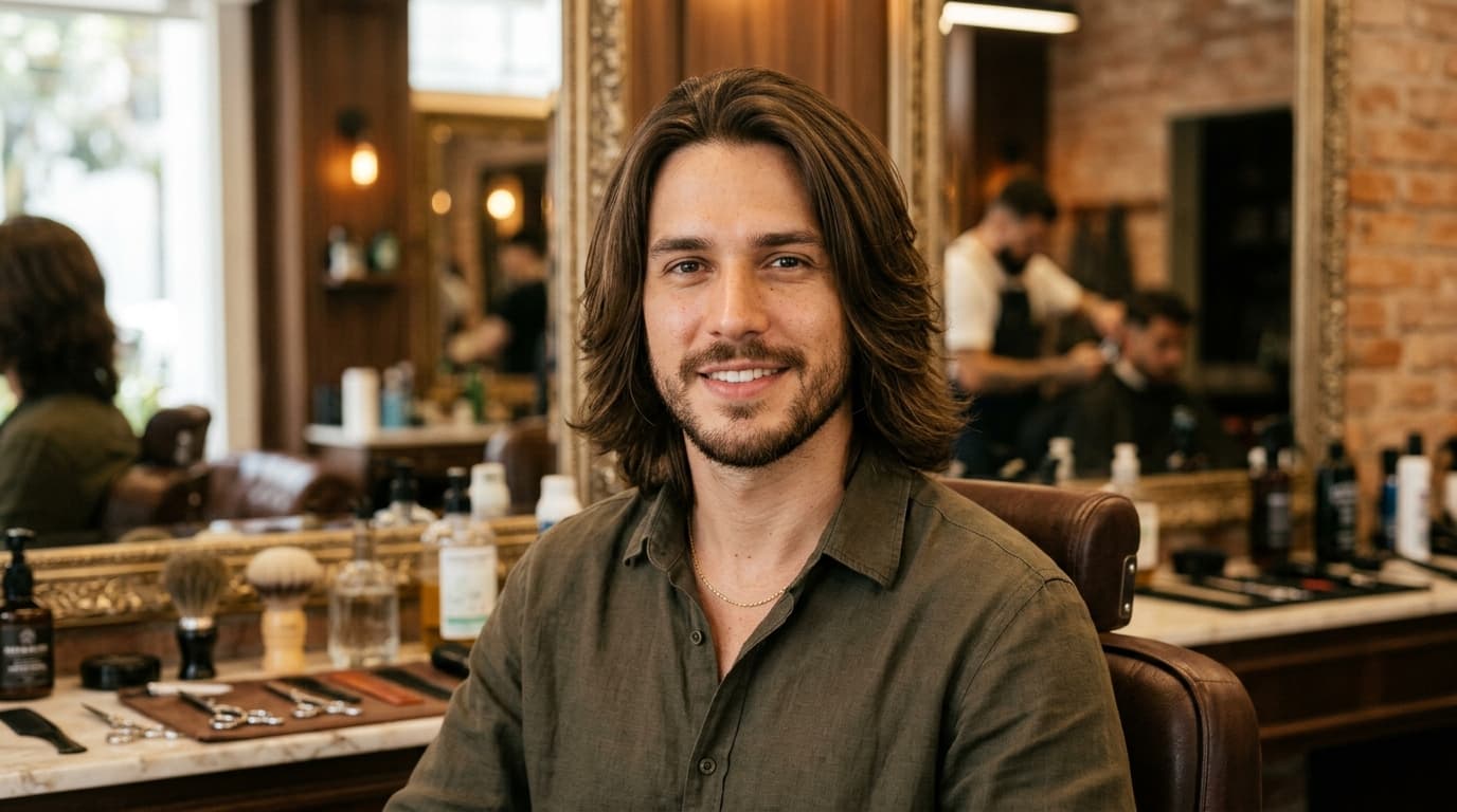 Homem com cabelo liso e longo com camadas em barbearia clássica com ferramentas de corte e espelhos ao fundo.