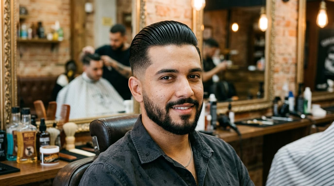 Homem de cabelo liso penteado para trás com acabamento polido, barba curta e camisa cinza.