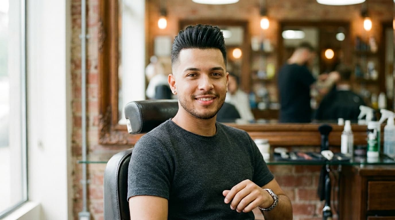 Pompadour moderno texturizado em homem com cabelo liso preto