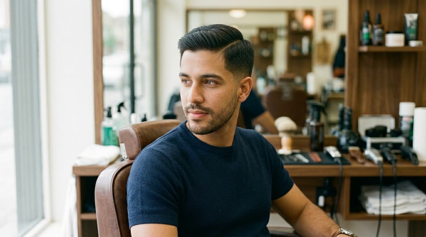 Homem com corte de cabelo social estilo side part e barba aparada, sentado em uma cadeira de barbearia.